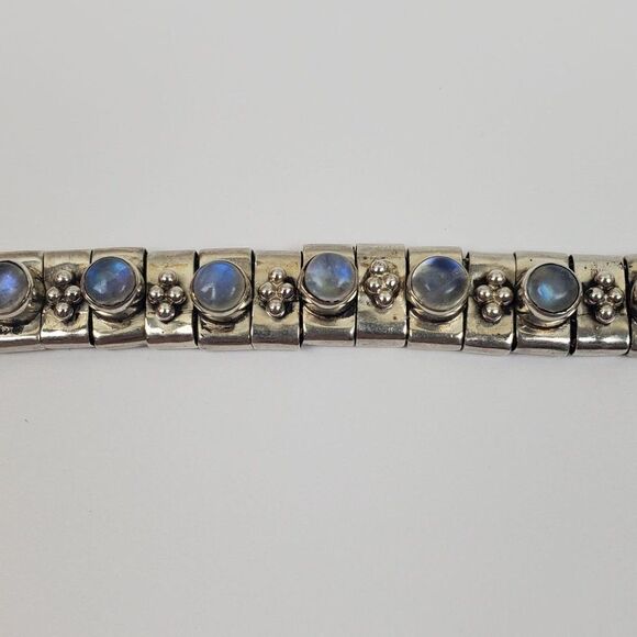 Sterling Silver 925 Opalite Glass Cabochon Panel Bead Link Bracelet Chunky 7.25" - Picture 6 of 15
